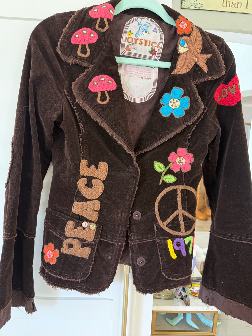 Joystick by Johnny Was Brown Embroidered Corduroy Blazer - Peace Motif Size M